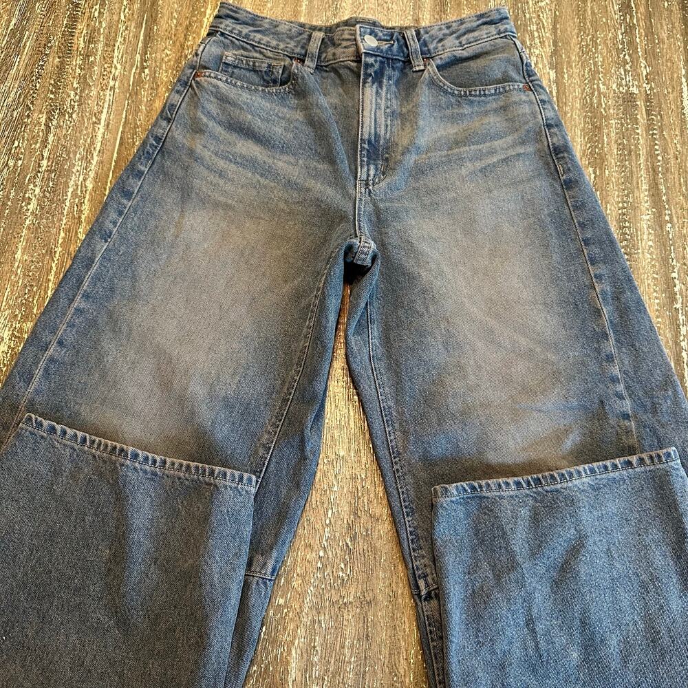 GU Barrel Wide Leg Baggy Denim Jeans Distressed Blue Brown Women’s Size M 26W